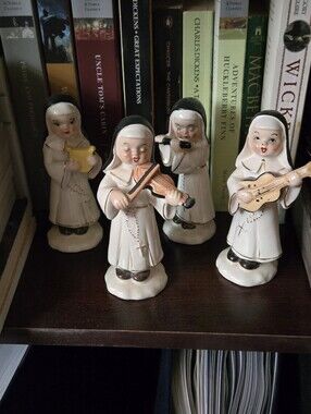 Chase Ceramic Nun Musician Figurine Set - Ivory with Black and Gold Accents